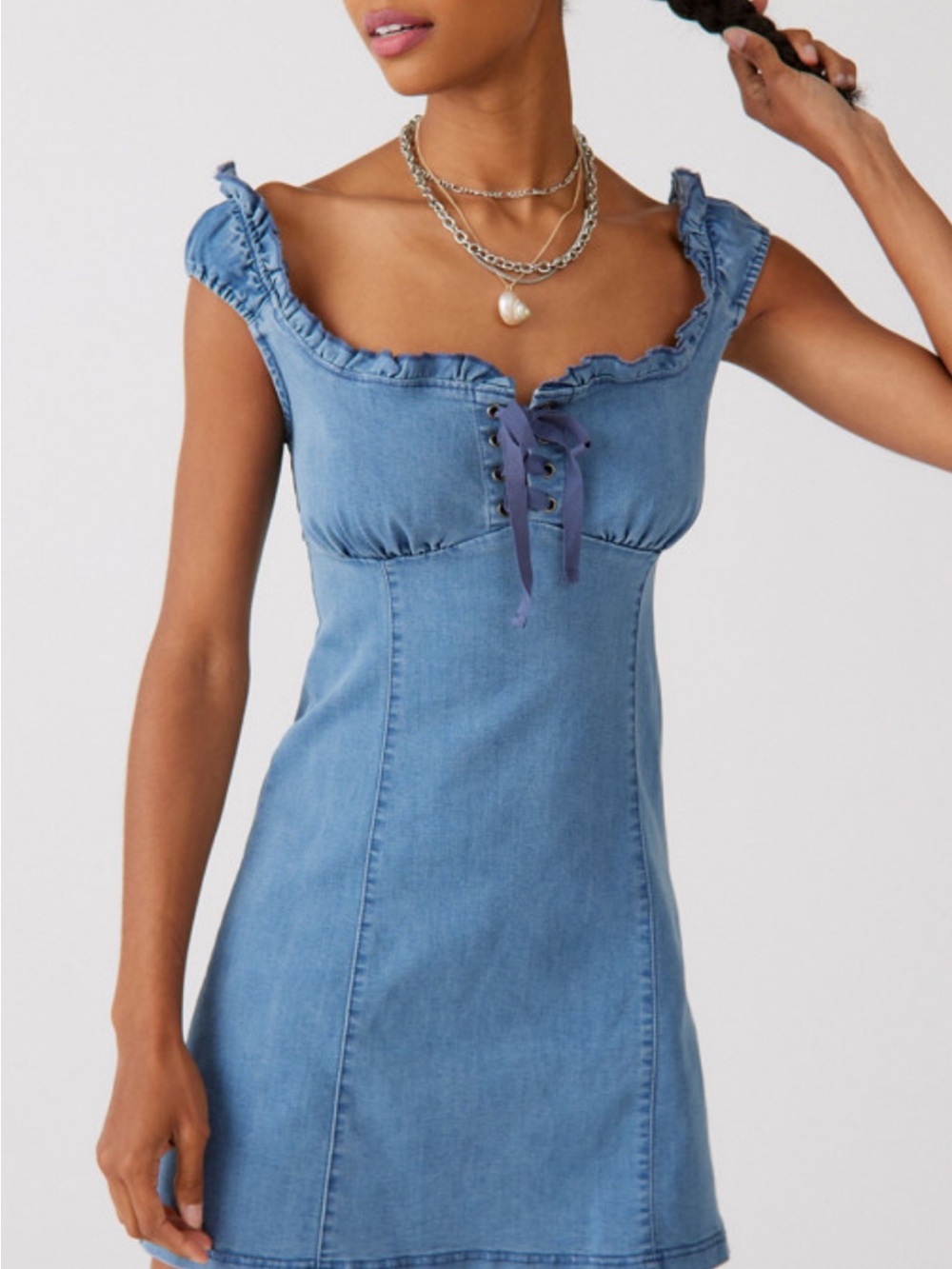 Urban Outfitters Nayda blue denim ruffle mini dress